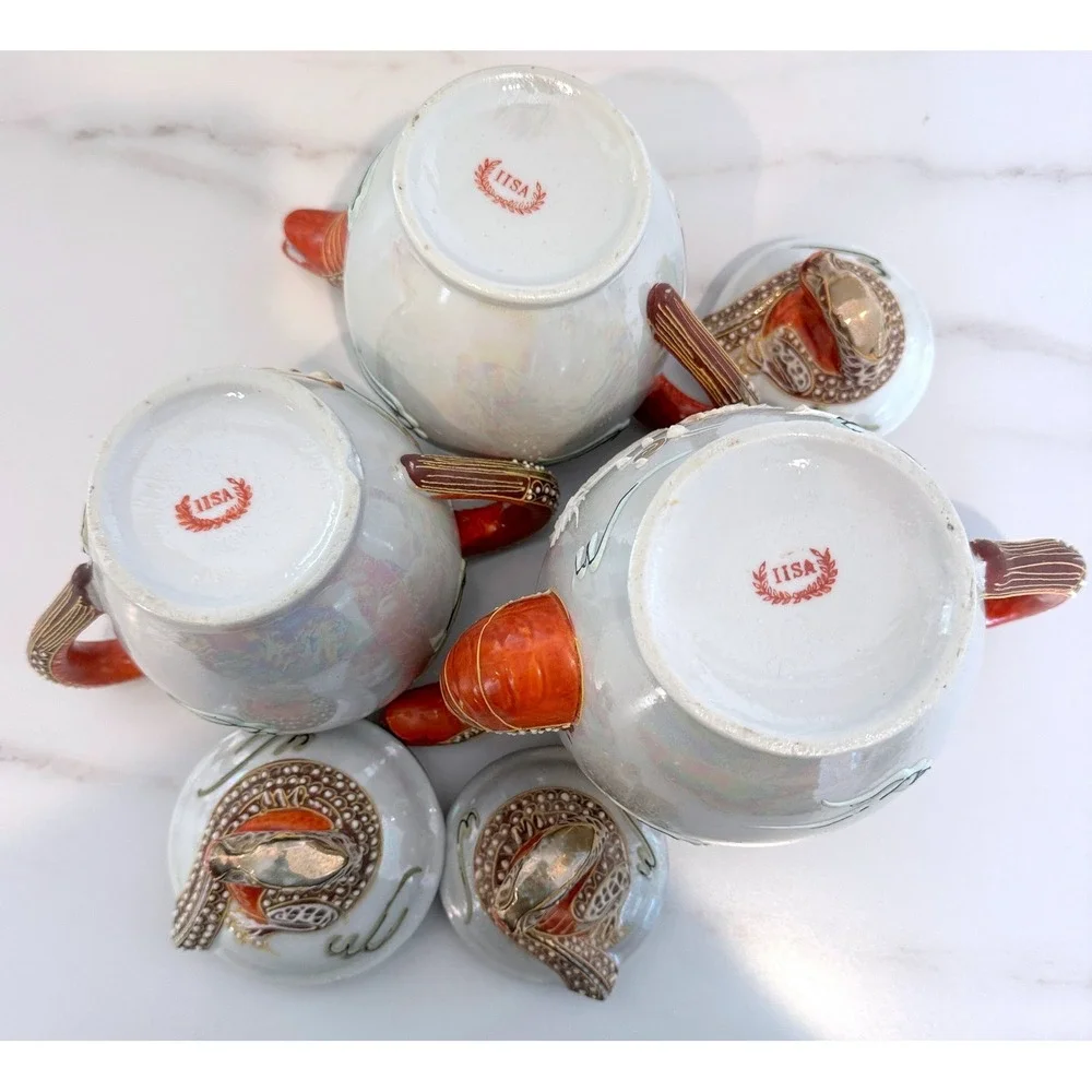 IISA Dragonware Geisha Lithophane Set Moriage 2‎ Teapots Cream Sugar Bowl 4 Cups